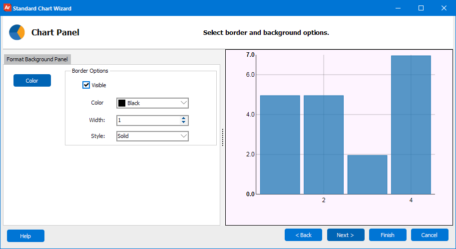 Format Background Panel screen showing options for the background color and border color, width, and style.